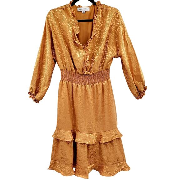 Emma & Michele Gold Long Sleeve Ruffle Leopard Animal Print Shift Dress Size M - Picture 1 of 9